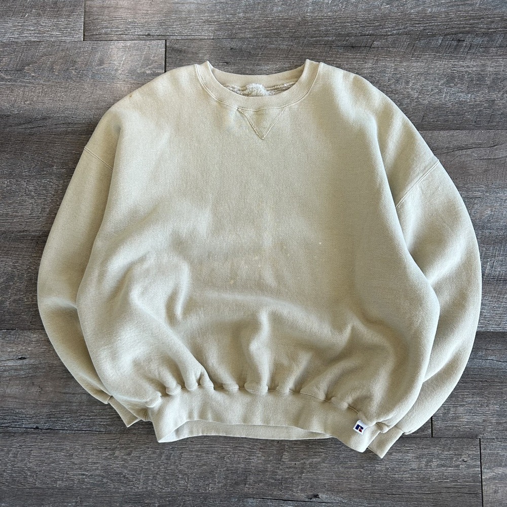 Vintage 90s Russell Athletic Tan Distressed Blank Crewneck Sweatshirt USA Large